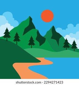 línea costera con montañas verdes en la ilustración del vector de fondo