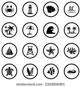 Iconos en la costa. Diseño Plano Negro En Círculo. Ilustración vectorial.