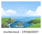 Coastline landscape with lighthouse. Irish green seascape with cloudy sky and big fluffy clouds. Signal building on seaside, seashore. Hand-drawn vector background.