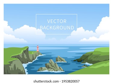 Coastline landscape with lighthouse. Irish green seascape with cloudy sky and big fluffy clouds. Signal building on seaside, seashore. Hand-drawn vector background.