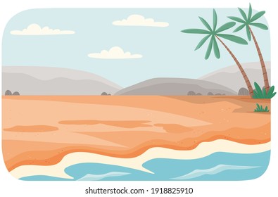 Coastline with ocean at high tide. Seascape with salty water on seashore on background of mountains or rocks. Sandy beach with palm trees. Light breeze on ocean bank. Plants growing on shore