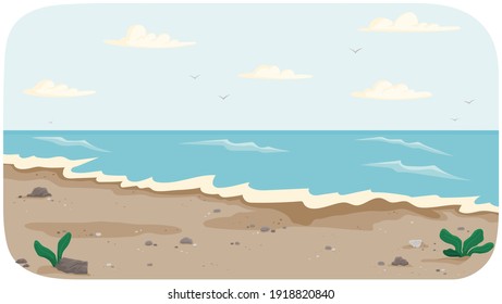 Coastline with ocean at high tide vector illustration. Seascape with salty water on seashore. Water covers shore. Beach with dark dirty sand. Light breeze on ocean bank. Landscape with view of sea