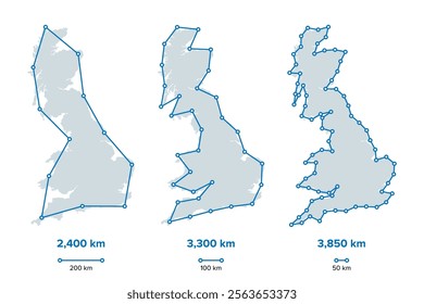 Coastline paradox, fractal curve-like properties of coastlines shown by the island of Great Britain. Coastlines have no well-defined length and appear longer the smaller the unit of measurement used.