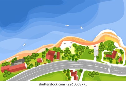 Coastline with road and houses on a bright summer day from top. Vector illustration