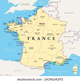 The coasts of France, political map. Most important coasts and beaches in France. Commonly used and popular names of the stretches in tourism. Map with the regions of France and most important cities.