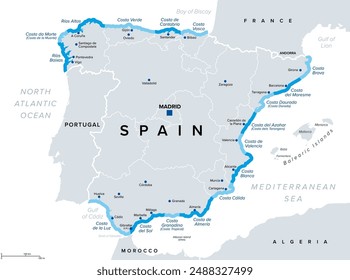 Costas de España, playas y costas de la Riviera española, mapa político. España peninsular peninsular, con los nombres turísticos de diecisiete playas famosas, como la Costa del Sol.