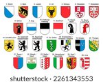 Coat of arms of all Swiss Cantons with names and official numbers all on one set. Illustration made February 12th, 2023, Zurich, Switzerland.