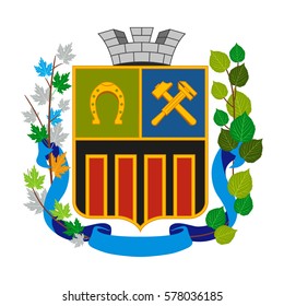 Coat of arms Avdeevka, Ukraine. Shield with leaves and stone crown.