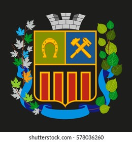 Coat of arms Avdeevka, Ukraine. Shield with leaves and stone crown.