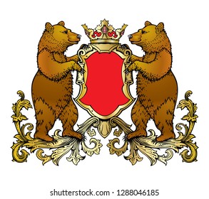 Coat of arms with bears holding a shield with a crown and resting on a floral ornament.
