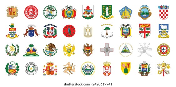 Coat of arms big set. National emblem design. White isolated background 