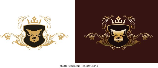 Coat of arms with boar head on white and brown background. Heraldry with pig head and floral ornament. Vector illustration in vintage style.