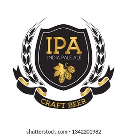 Coat of arms for brewery company - IPA beer, hops and barley, ribbon. Based on and inspired by old heraldry.