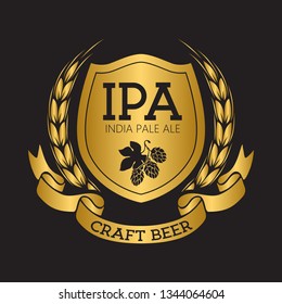 Coat of arms for brewery company - IPA beer, hops and barley, ribbon. Based on and inspired by old heraldry.