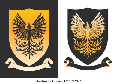 Coat of the arms. Burning phoenix on the shield. Color and two-tone versions. Vintage design heraldic symbols and elements