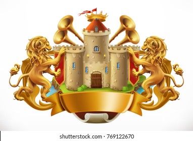 Wappen. Schloss und Löwen. 3D-Vektorsymbol