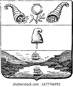 Coat of Arms, Colombian Republic, engraved with ships, mountains, sea, flower and many other, vintage line drawing or engraving illustration.