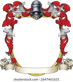 A coat of arms or crest family heraldry medieval heraldic knight shield with helmet and acanthus filigree scroll ornament in a vintage woodcut style.