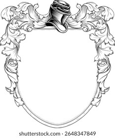 A coat of arms or crest family heraldry medieval heraldic knight shield with helmet and acanthus filigree scroll ornament in a vintage woodcut style.