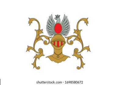 A coat of arms crest heraldic medieval knight or royal family shield. Red and golden vintage motif with filigree leaf heraldry. Eagle with crown.