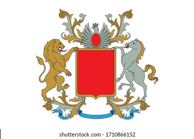 A coat of arms crest heraldic medieval rampant lion and horse with silver eagle for royal family shield. Red and golden vintage motif with filigree leaf heraldry.