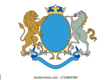 A coat of arms crest heraldic medieval rampant lion and horse for royal family shield. Blue and golden vintage motif with filigree leaf heraldry.