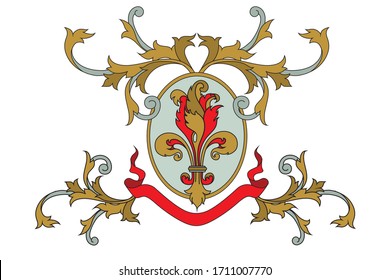 A coat of arms crest heraldic medieval lys flower or royal family shield. Red and golden vintage motif with filigree leaf heraldry.