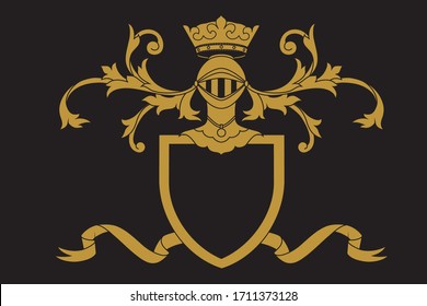 A coat of arms crest heraldic medieval knight or royal family shield. Black and golden vintage motif with filigree leaf heraldry. Heraldry crown