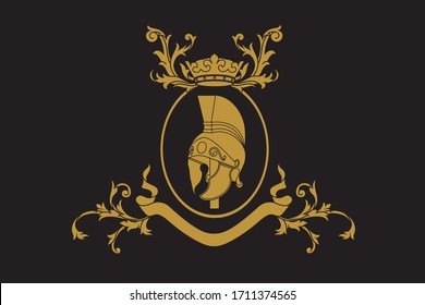 A coat of arms crest heraldic medieval helemet or royal family shield. Black and golden vintage motif with filigree leaf heraldry.