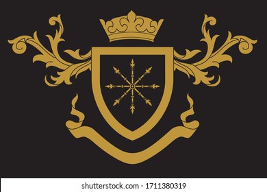 A coat of arms crest heraldic medieval knight or royal family shield. Black and golden vintage motif with filigree leaf heraldry. Heraldry crown