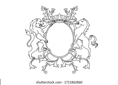 A coat of arms crest heraldic medieval rampant lion and horse for royal family shield. Outline vintage motif with filigree leaf heraldry.