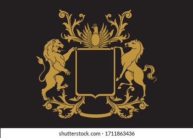 A coat of arms crest heraldic medieval rampant lion and horse with silver eagle for royal family shield. Black and golden vintage motif with filigree leaf heraldry.