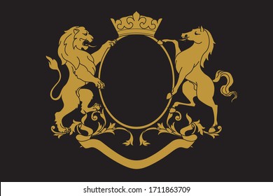 A Coat Of Arms Crest Heraldic Medieval Rampant Lion And Horse For Royal Family Shield. Black And Golden Vintage Motif With Filigree Leaf Heraldry.