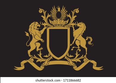 A coat of arms crest heraldic medieval rampant lion and horse with silver eagle for royal family shield. Black and golden vintage motif with filigree leaf heraldry.