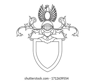 A coat of arms crest heraldic medieval knight or royal family shield.  golden vintage motif with filigree leaf and ribbon heraldry and eagle.