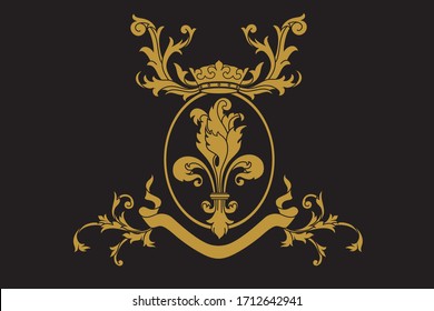 A Coat Of Arms Crest Heraldic Medieval Lys Flower Or Royal Family Shield. Golden Vintage Motif With Filigree Leaf Heraldry.