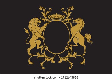 A coat of arms crest heraldic medieval rampant lion and horse for royal family shield. Golden vintage motif with filigree leaf heraldry.