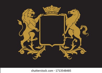 A coat of arms crest heraldic medieval rampant lion and horse for royal family shield. Golden vintage motif with filigree leaf heraldry.