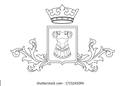 A coat of arms crest heraldic medieval knight or royal family shield. Outline vintage motif with filigree leaf heraldry. Heraldry crown