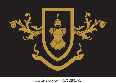 A coat of arms crest heraldic medieval knight or royal family shield. Golden vintage motif with filigree leaf 