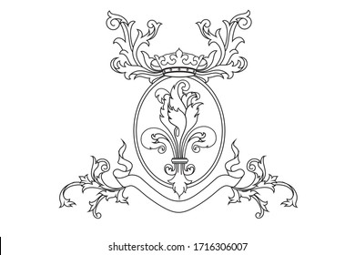 A coat of arms crest heraldic medieval lys flower or royal family shield. Outline vintage motif with filigree leaf 