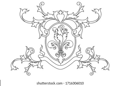 A coat of arms crest heraldic medieval lys flower or royal family shield. Outline vintage motif with filigree leaf heraldry.