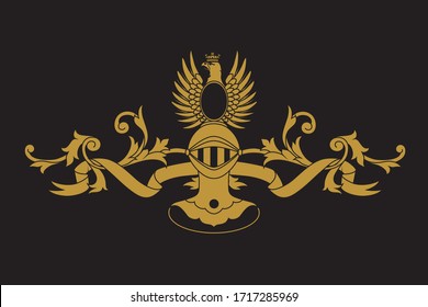 A coat of arms crest heraldic medieval knight or royal family shield. Black and golden vintage motif with filigree leaf heraldry. Eagle with crown.