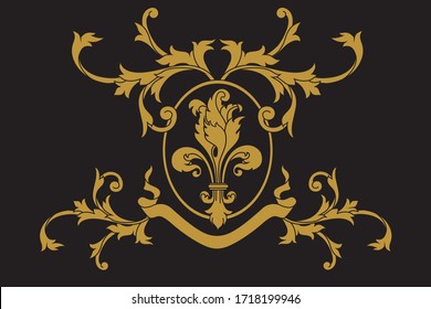 A coat of arms crest heraldic medieval lys flower or royal family shield. Golden vintage motif with filigree leaf heraldry.