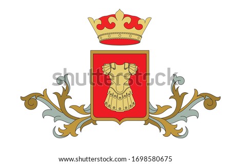 A coat of arms crest heraldic medieval knight or royal family shield. Red and golden vintage motif with filigree leaf heraldry. Heraldry crown