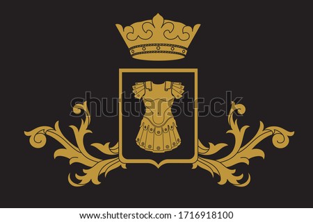 A coat of arms crest heraldic medieval knight or royal family shield. Golden vintage motif with filigree leaf heraldry. Heraldry crown