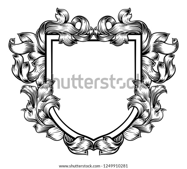 A coat of arms\
crest heraldic medieval knight or royal family shield. Vintage\
motif with filigree leaf\
heraldry.