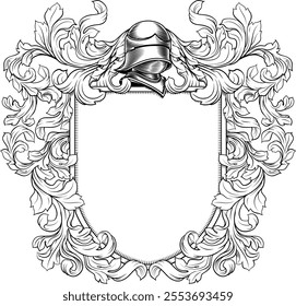 Coat of arms crest knight family medieval shield heraldry heraldic armorial motif. Featuring a knights helm helmet in a vintage etching engraving woodcut style 
