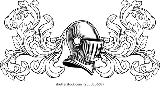 Coat of arms crest knight family medieval shield heraldry heraldic armorial motif. Featuring a knights helm helmet in a vintage etching engraving woodcut style 
