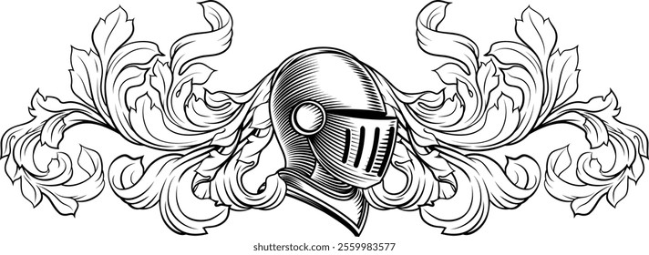 Coat of arms crest knight family medieval shield heraldry heraldic armorial motif. Featuring a knights helm helmet in a vintage etching engraving woodcut style 
